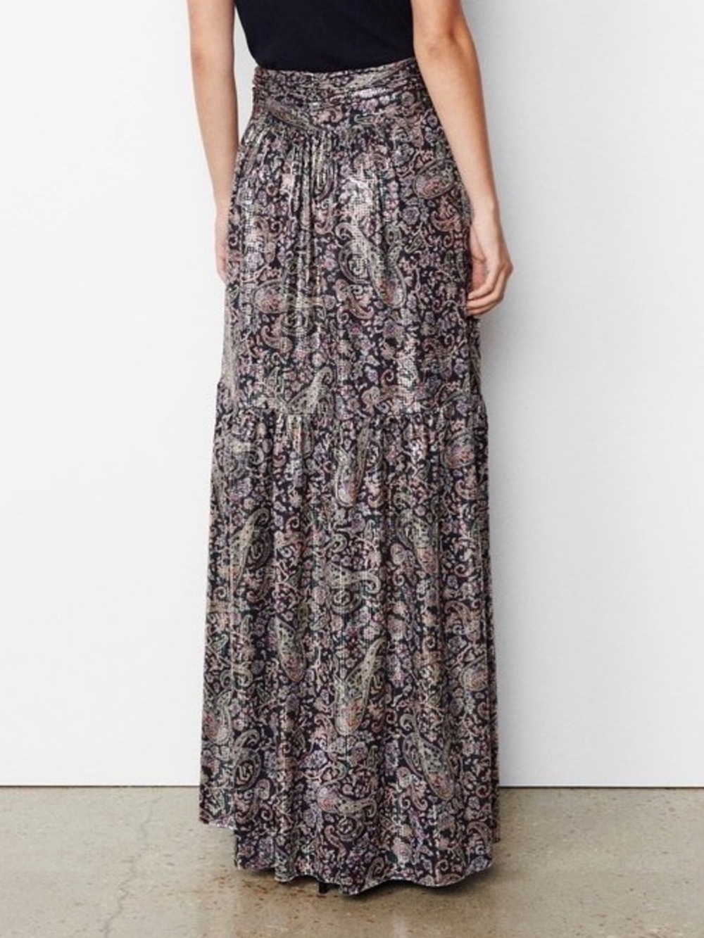 ba&sh Gabriel Metallic Paisley Print Jersey Tiered Maxi Skirt Small NWT - Picture 3 of 15